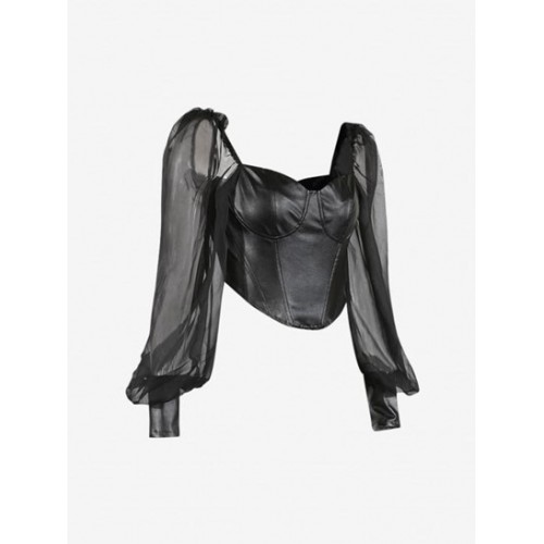 See Thru Puff Sleeve PU Corset Top See Thru Puff Sleeve PU Corset Top