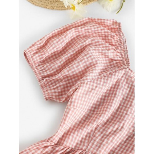 Gingham Puff Sleeve Peplum Blouse
