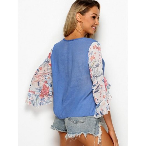 Tie Collar Floral Panel Chambray Blouse
