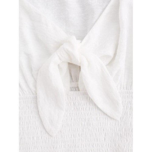 Knotted Puff Sleeve Plunge Shirred Blouse
