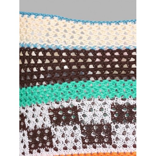 Openwork Crochet Checkered Striped Cap Sleeve Crop Top