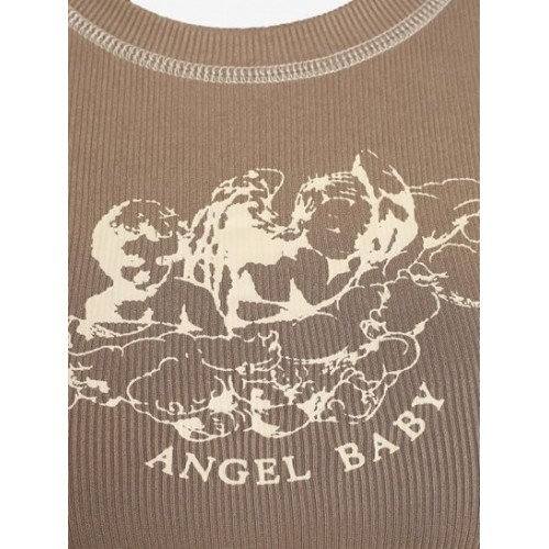 Topstitching Angle Baby Print Ribbed Crop T Shirt Topstitching Angle Baby Print Ribbed Crop T Shirt