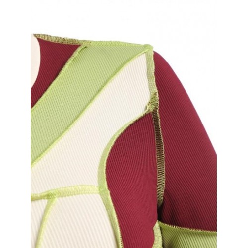 Cropped Ribbed Topstitching Patchwork Long Sleeve Top