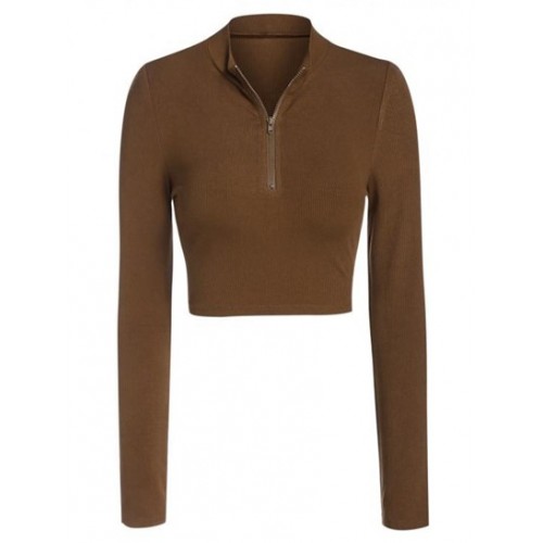 Ribbed Half Zip Crop T Shirt