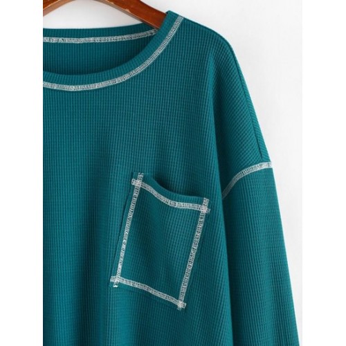 Chest Pocket Topstitching Drop Shoulder Knit Tee