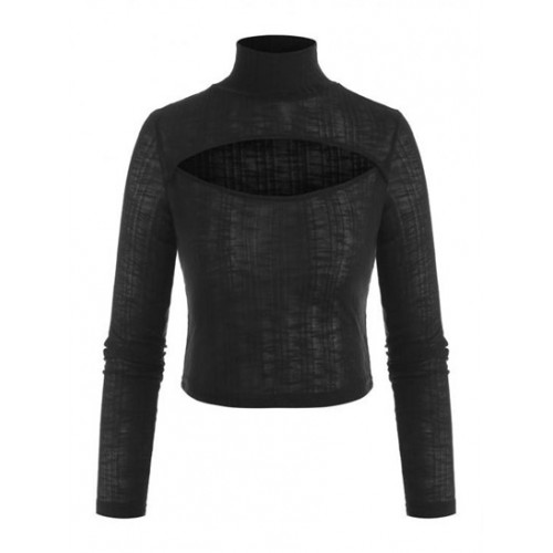 Cutout High Neck Semi Sheer Knit Tee