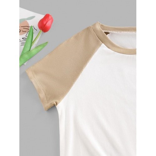 Raglan Sleeve Colorblock Ribbed T Shirt