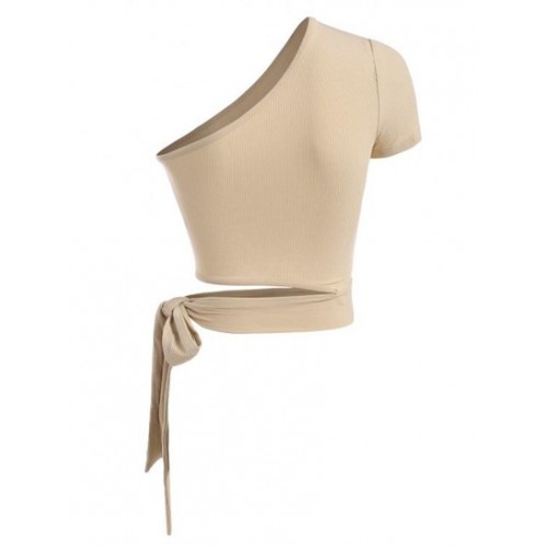 Ribbed Tie Side Cut Out One Shoulder Crop Top Ribbed Tie Side Cut Out One Shoulder Crop Top