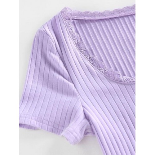 Ribbed Lace Insert Mock Button T Shirt Ribbed Lace Insert Mock Button T Shirt