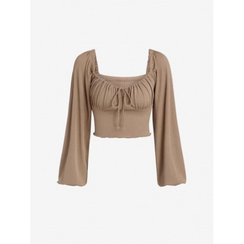 Ribbed Lantern Sleeve Crop T Shirt