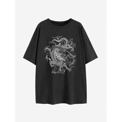 Drop Shoulder Oriental Dragon Print T Shirt