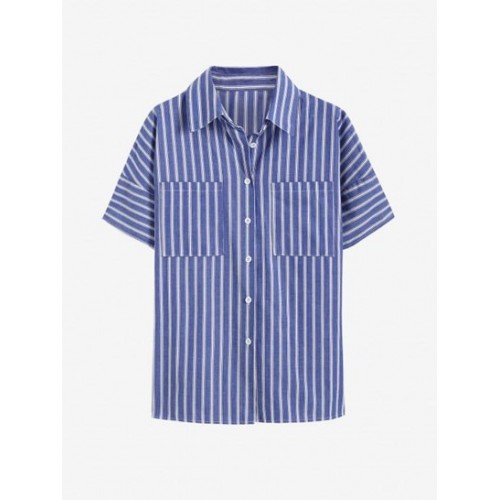 Vertical Stripes Front Pockets Button Down Shirt