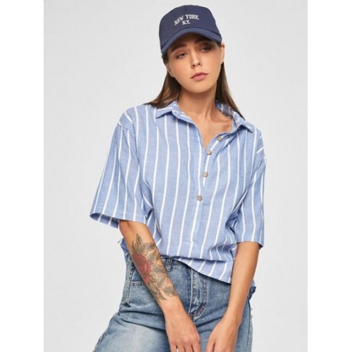 Pinstriped Drop Shoulder Button Placket Blouse