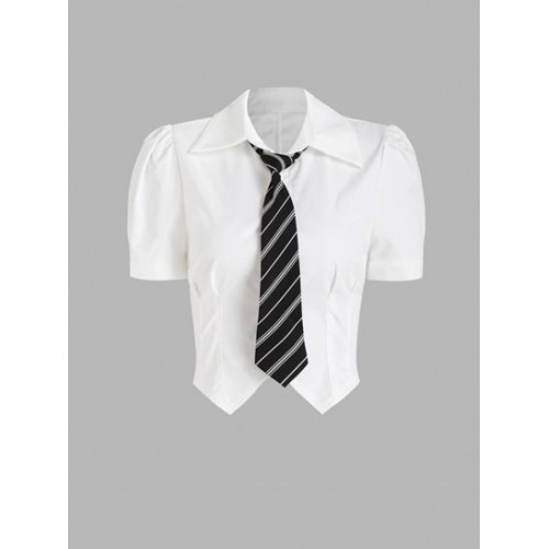 Short Puff Sleeves Slim Shirt With Striped Necktie