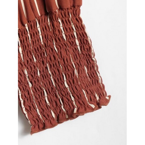 Stripes Shirred Sleeve Tie Button Down Shirt Stripes Shirred Sleeve Tie Button Down Shirt