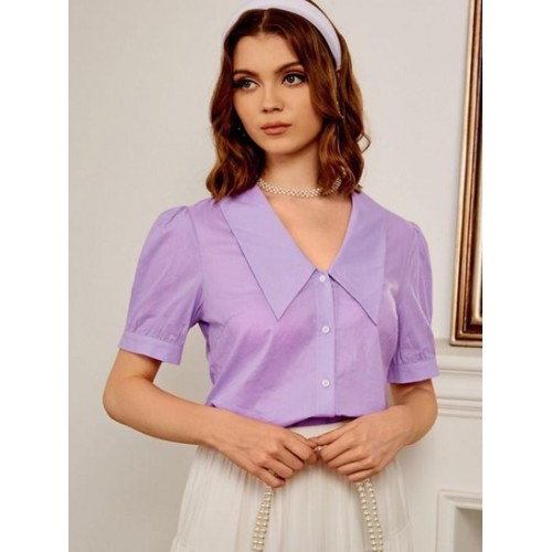 Retro Flat Collar Puff Sleeve Blouse