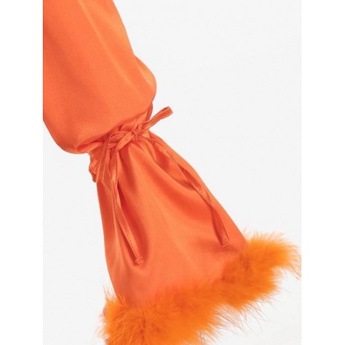 Satin Puff Sleeve Feather Trim Wrap Blouse