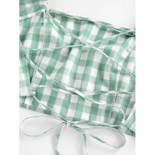 Gingham Puff Sleeve Backless Lace Up Blouse