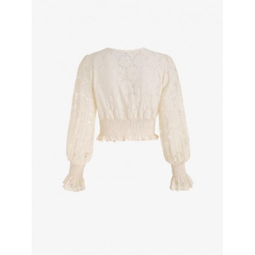 Lettuce Hem Floral Collar Beading Lace Blouse