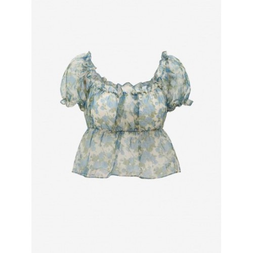 Floral Print Ruffle Puff Sleeve Peplum Blouse
