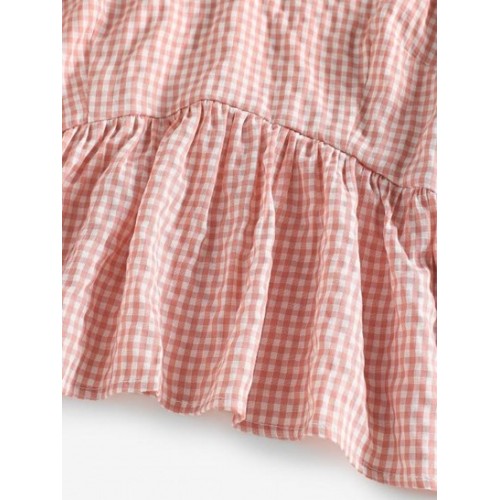 Gingham Puff Sleeve Peplum Blouse