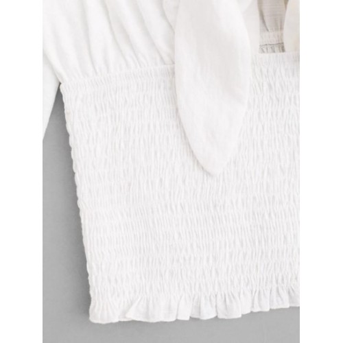 Knotted Puff Sleeve Plunge Shirred Blouse