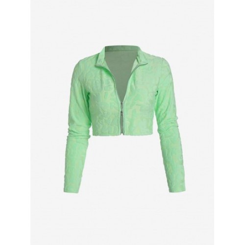 Jacquard Terry Cloth Double Way Zip Crop T Shirt