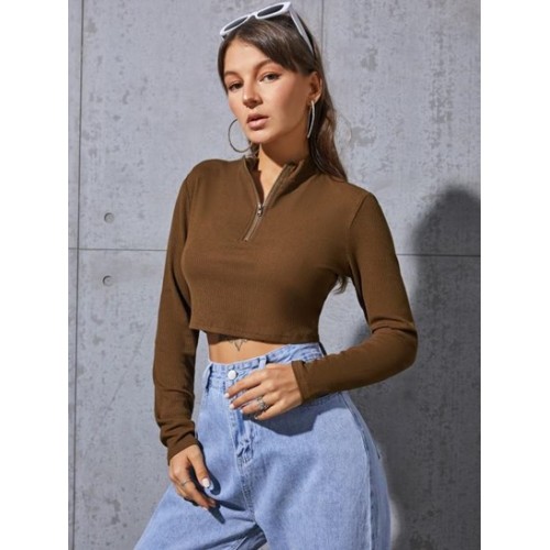 Ribbed Half Zip Crop T Shirt