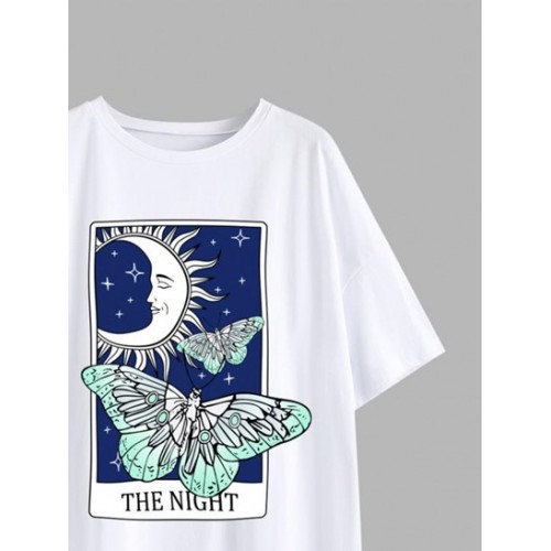 Moon Star Butterfly Print Drop Shoulder T Shirt