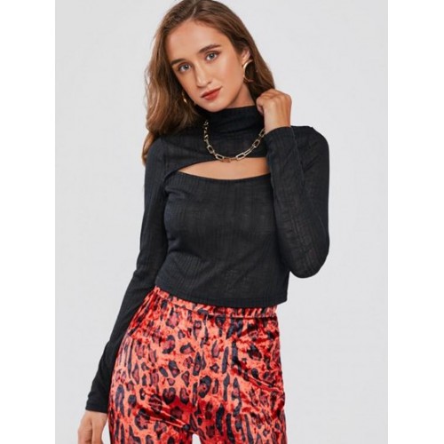 Cutout High Neck Semi Sheer Knit Tee