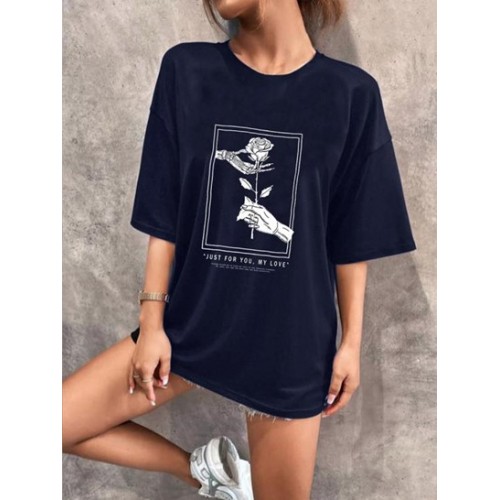 Skeleton Hand Rose Print Drop Shoulder T Shirt