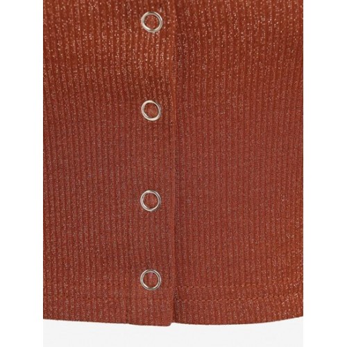 Snap Button Cropped Metallic Ribbed Tee