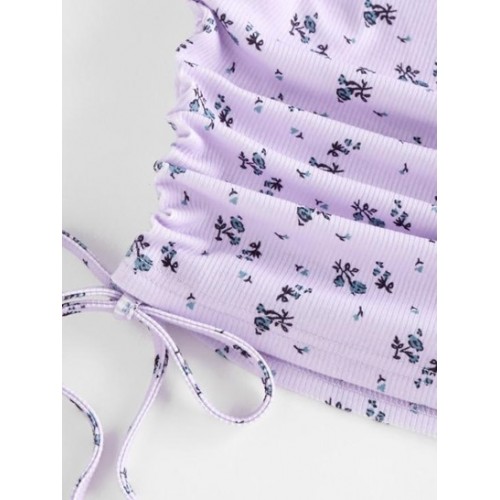 Floral Ribbed Cinched Tie Baby Tee
