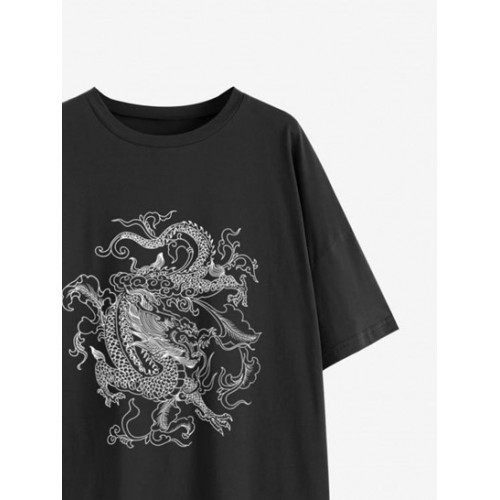 Drop Shoulder Oriental Dragon Print T Shirt